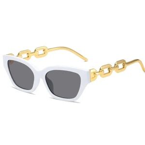 Stylish White Cat Eye Sunglasses w/ Gold Chain Temples UV400 Women's Fas…